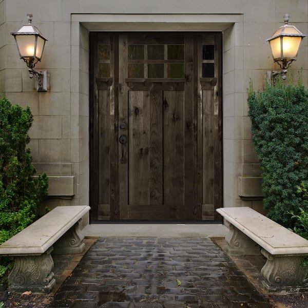 64 in. x 96 in. Craftsman Knotty Alder 2 Panel 6-Lite DS Unfinished Right-Hand Inswing Prehung Front Door/Sidelites