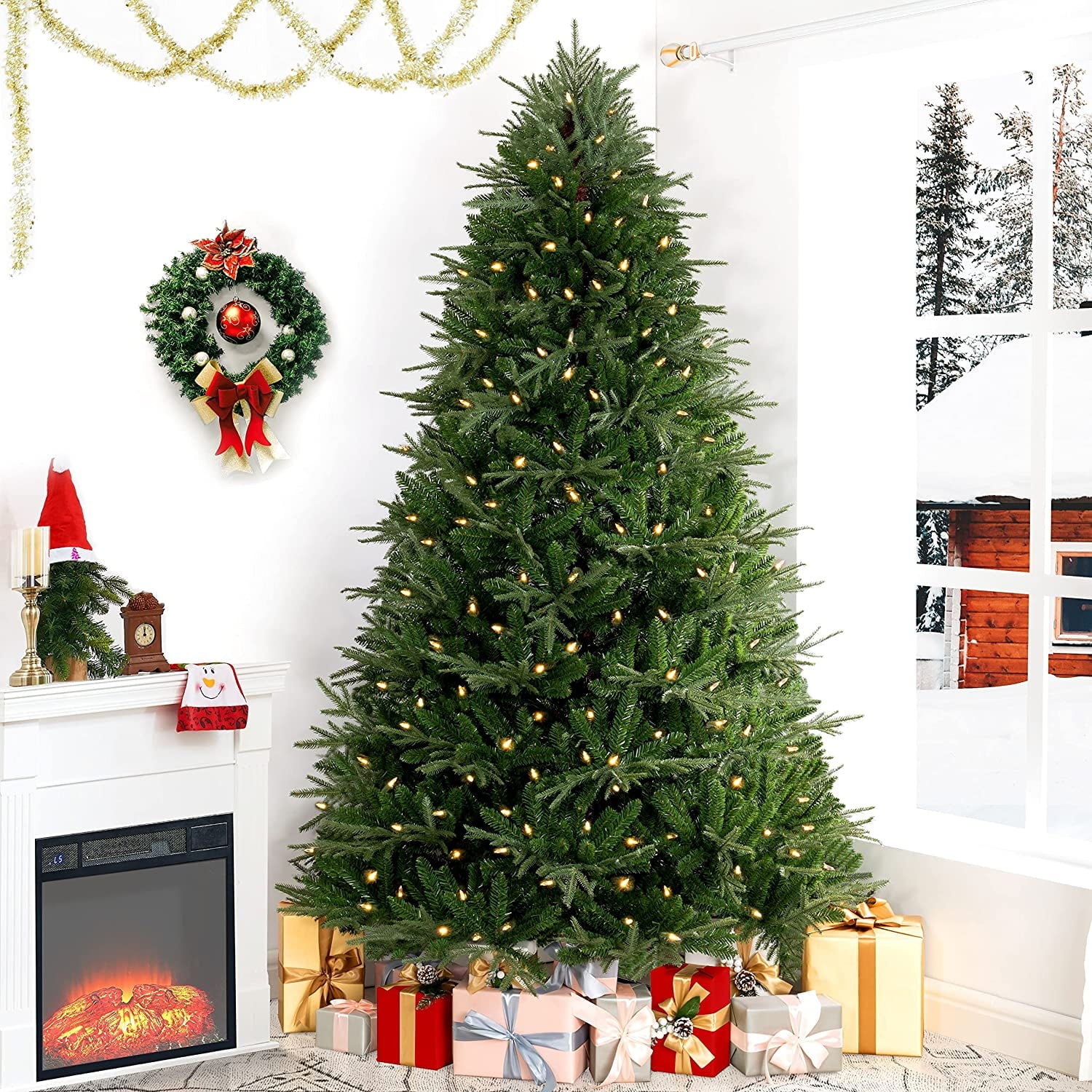 Camden 7.5ft Prelit Artificial Christmas Tree with Foot Pedal, 2755 Branch Tips, 600 Warm Lights and Metal Stand, 58