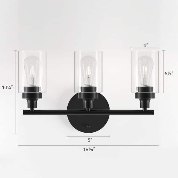 17 in. 3-Light Modern Matte Black Vanity-Light with Clear Glass Shade