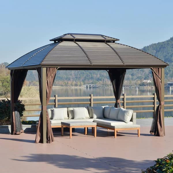 12 ft. x 10 ft. Hardtop Steel Gazebo Canopy for Patio Heavy-Duty Outdoor Pavilion with Net Sidewalls, Brown