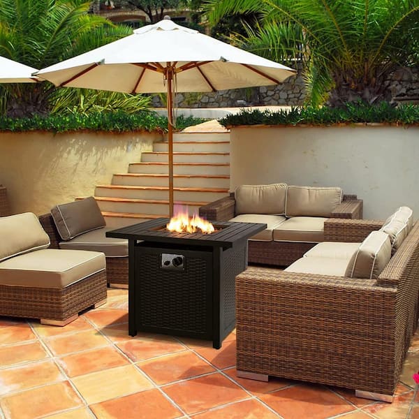 Nepton 28 in. Square Outdoor Black Rattan Style Powder Coated Steel Propane Fire Pit Table with Lava Rock