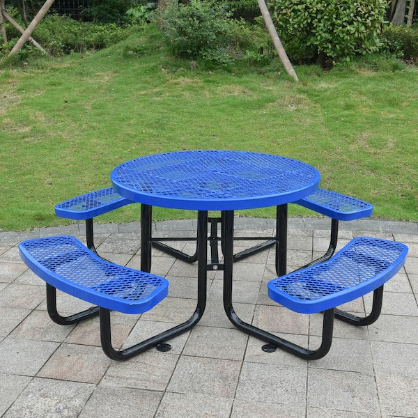 46 in. Blue Outdoor Round Steel Picnic Table with Umbrella Pole