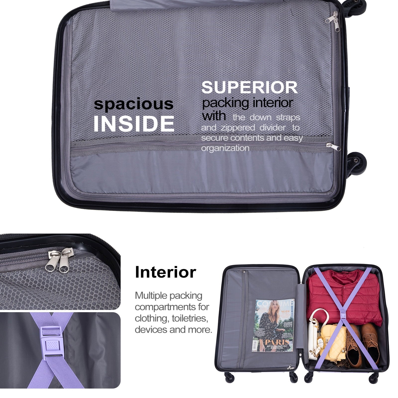 Tripcomp Hardshell Luggage Set 3-Piece Set (21/25/29) Lightweight Suitcase 4-Wheeled Travel Case(Purple)