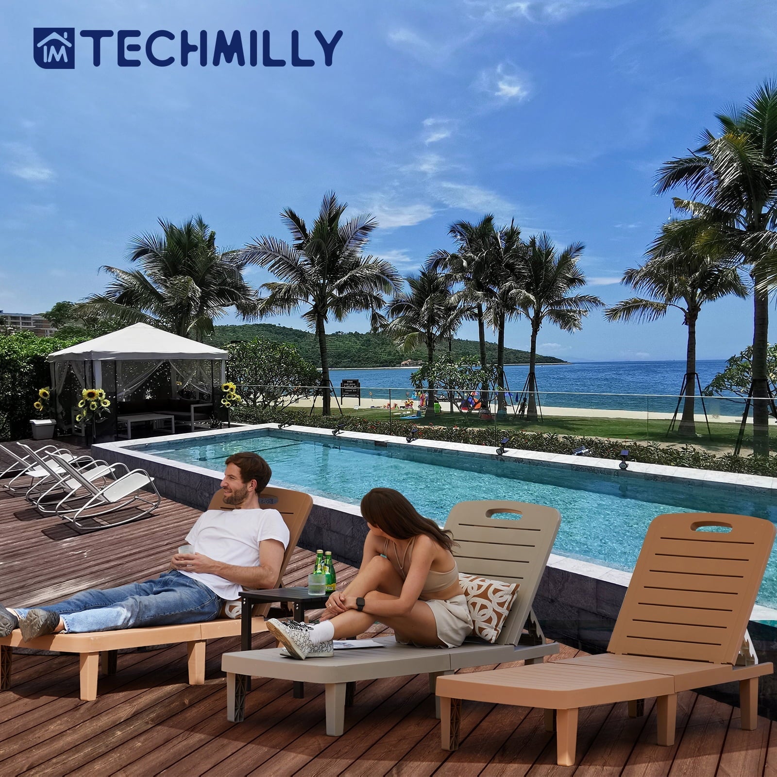 Techmilly Oversized Outdoor Chairse Lounge Chair，Extra Widen Chaise with Cup