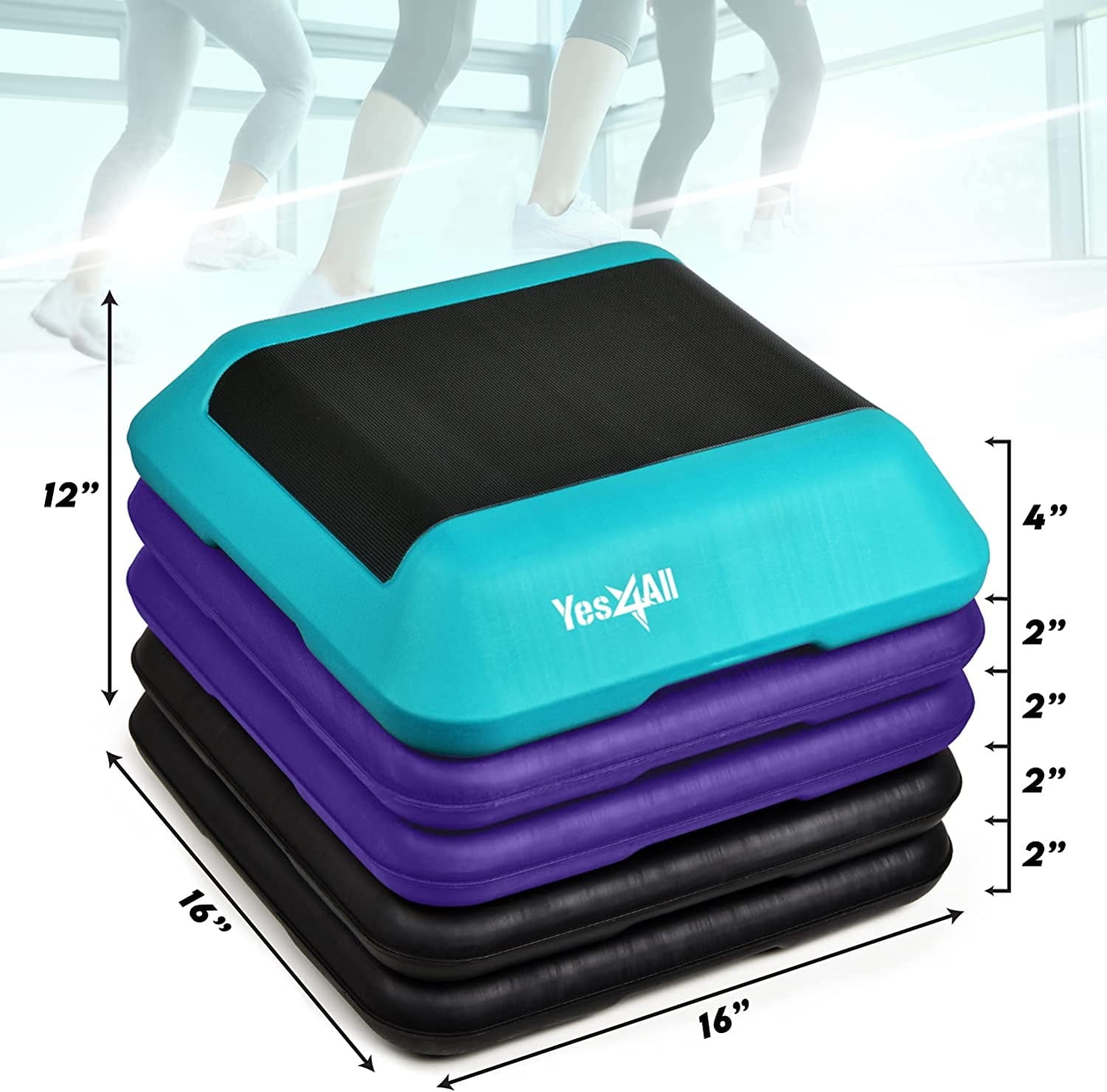 Yes4All Adjustable High Step Aerobic Platform, 16 in x 16 in, for Aerobic Step Exercises (Teal/ Purple/ Black)