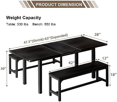 PPDMBIUU 3-Piece Dining Table Set with 2 Benches  Extendable Dining Room Table for 4-8  Kitchen Table Set with Metal Frame & Wooden Board  Easy Clean  Walnut