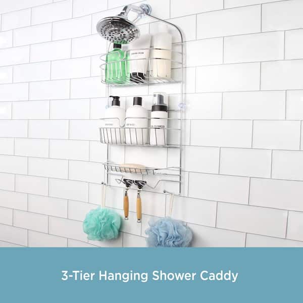 Rust-Resistant Heavy Duty 3-Tier Large Hanging Shower Caddy with Suction Cups and Four Razor Holders in Chrome