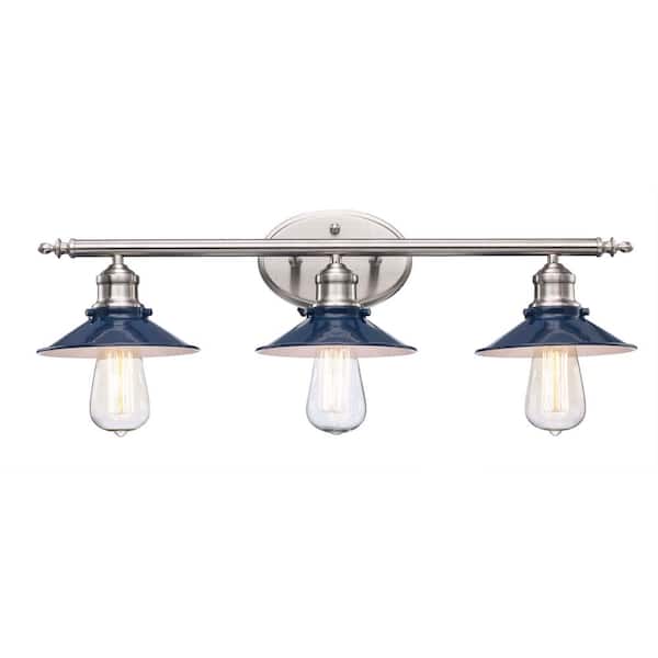 Glenhurst 25 in. 3-Light Industrial Farmhouse Cobalt and Brushed Nickel Bathroom Vanity Light Fixture with Metal Shades