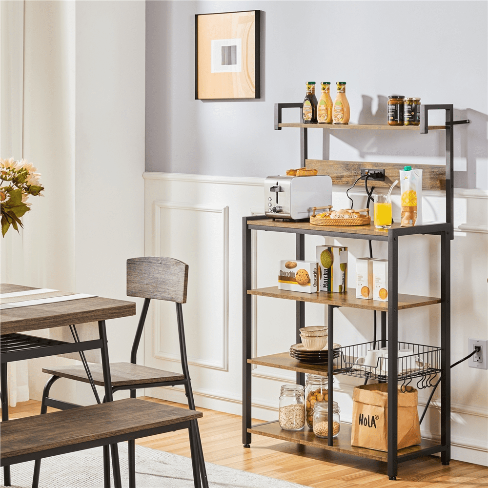 SmileMart 56″H 5-Tier Baker’s Rack with Wire Basket & Power Outlets With 6 S-shaped Hooks & Wire Basket, Rustic Brown