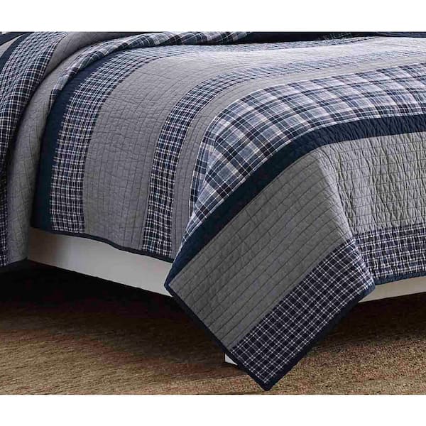 Adelson 1-Piece Navy Blue Striped and Plaid Cotton King Quilt