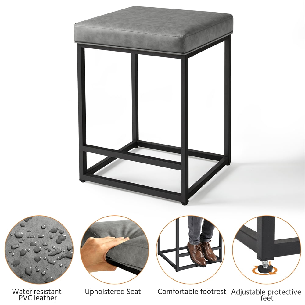 Topeakmart 2pcs 24'' H Modern Leather Bar Stools Backless Counter Hight, Gray