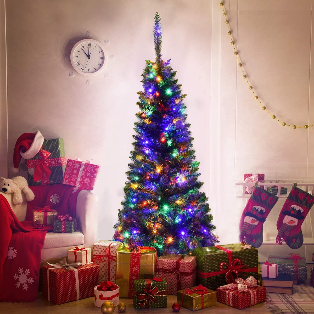 Giantex 6.5ft Pencil Christmas Tree Pre-Lit Hinged Artificial Decoration w/ 250 Colorful Lights