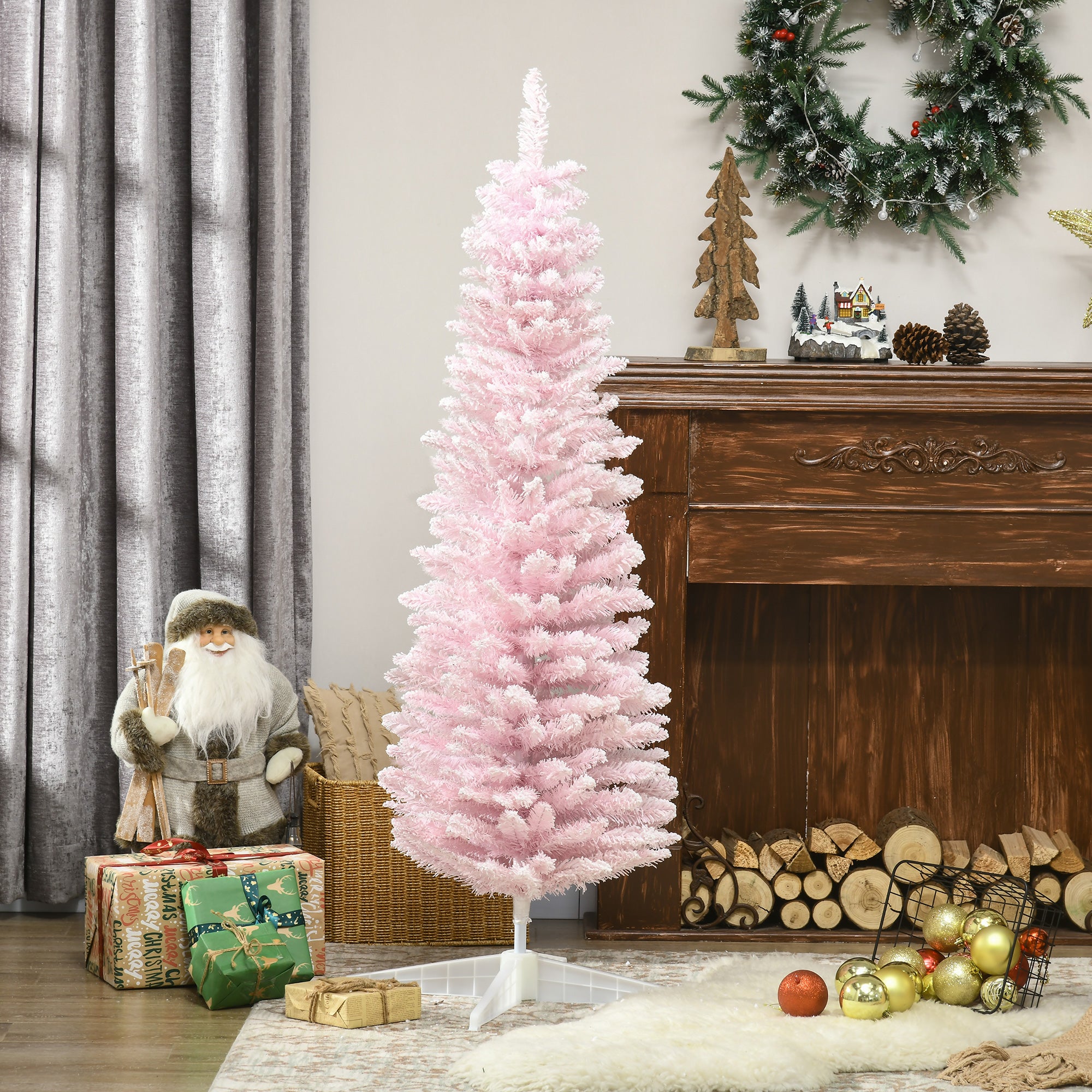 Snow Flocked Artificial Christmas Tree Pencil Xmas Tree w/ Branch Tips