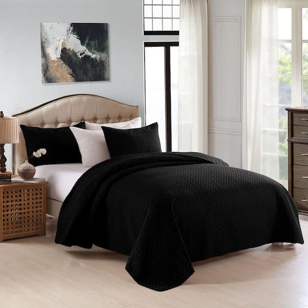 3-Piece Black Basket Weave Pattern Microfiber Queen Quilt Set