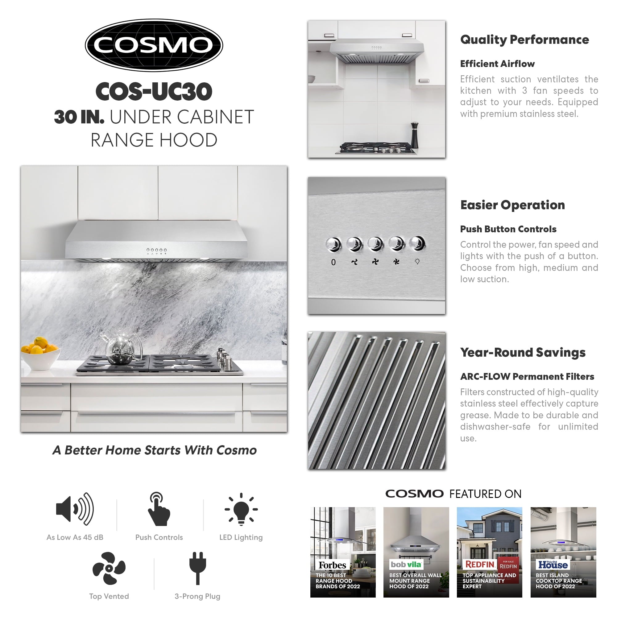 Cosmo Range Hoods UC30 30 in. 380 CFM Ductless Under-Cabinet Range Hood