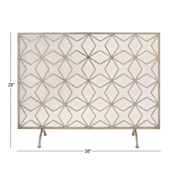 Gold Metal Geometric Star Patterned Single Panel Fireplace Screen with Mesh Netting