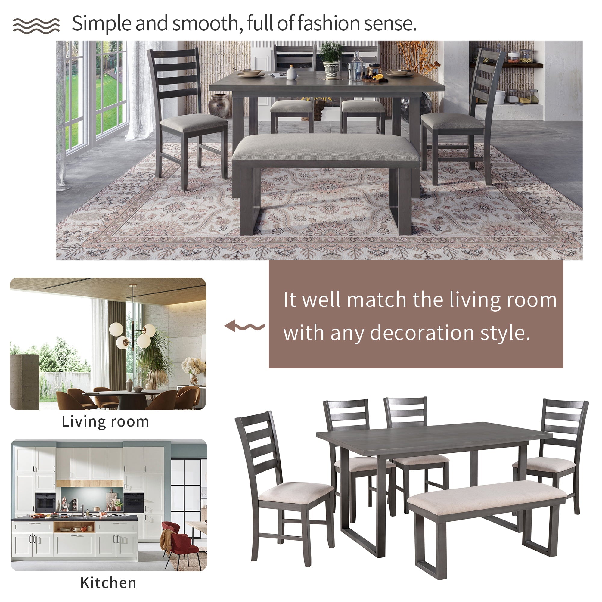 EUROCO 6 Piece Kitchen Dining Table and Chair Set,60” Dining Room Table Set with Solid Wood Tbale,4 Fabric Chairs and 1 Fabric Bench,Rectangle Dining Table Set for 6
