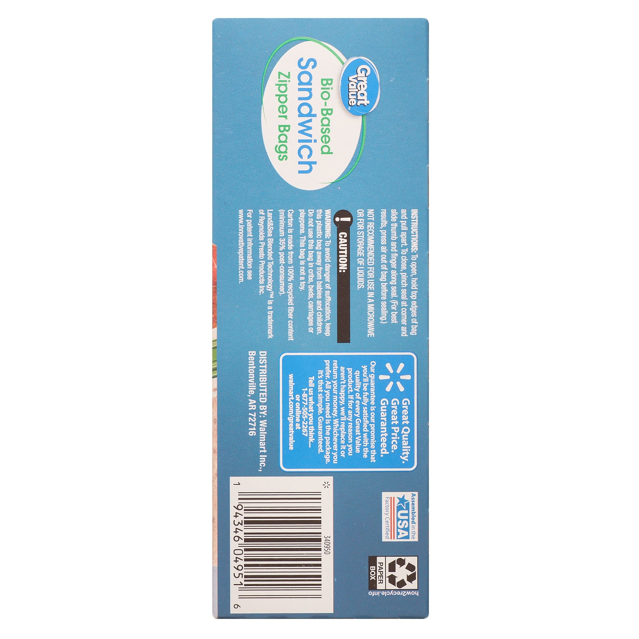 Great Value Reclosable Sandwich Bags, Made with Bio-Based Materials, 50ct