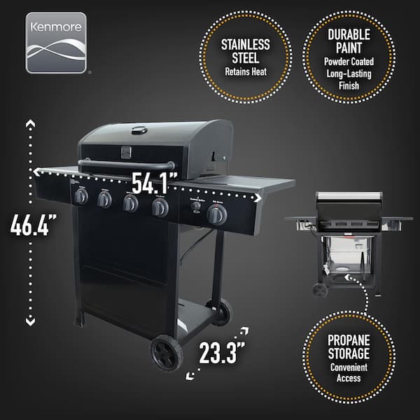 Kenmore 4 Burner Open Cart Propane Gas BBQ Grill with Side Burner, Black