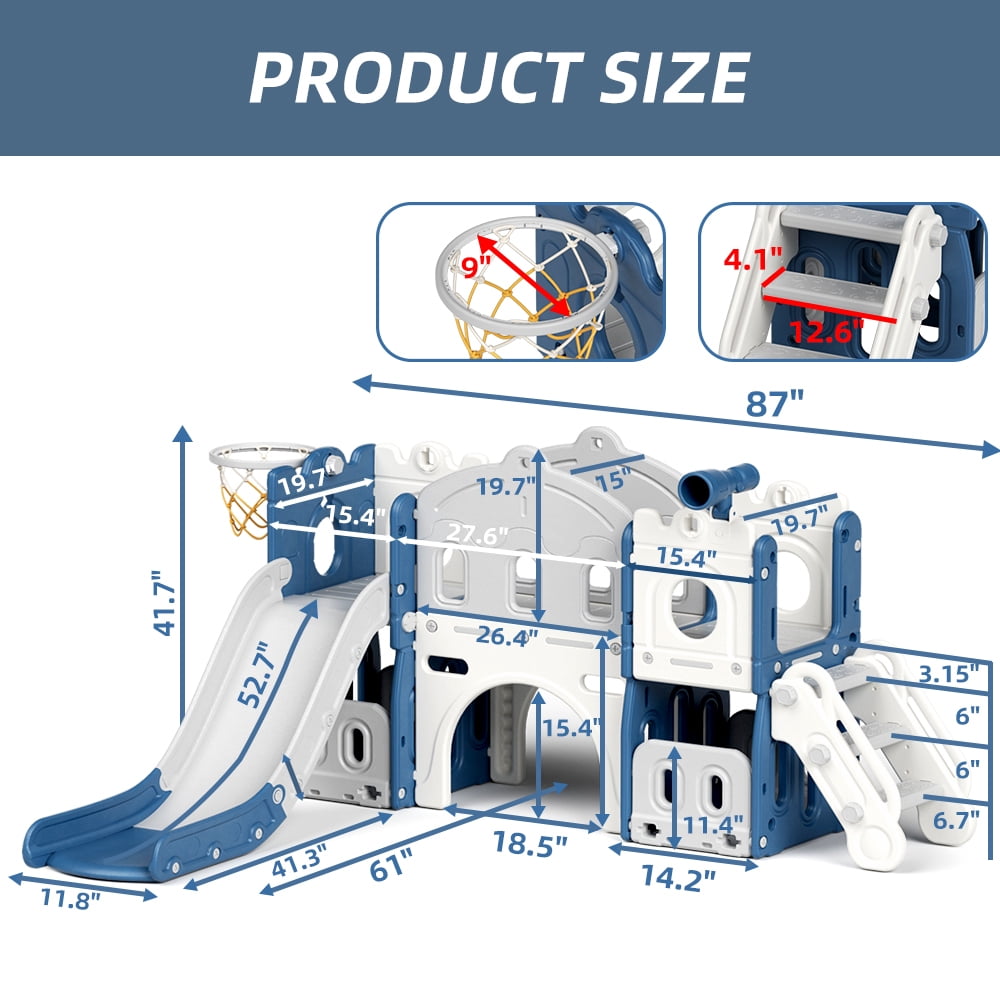 XJD 8-in-1 Toddler Slide Climber, Slide Set Playground for Kids, Slide Toddlers Climber and Slide Set with Basketball Hoop and Ball, Slide for Toddlers Age 12 Month +(Blue)