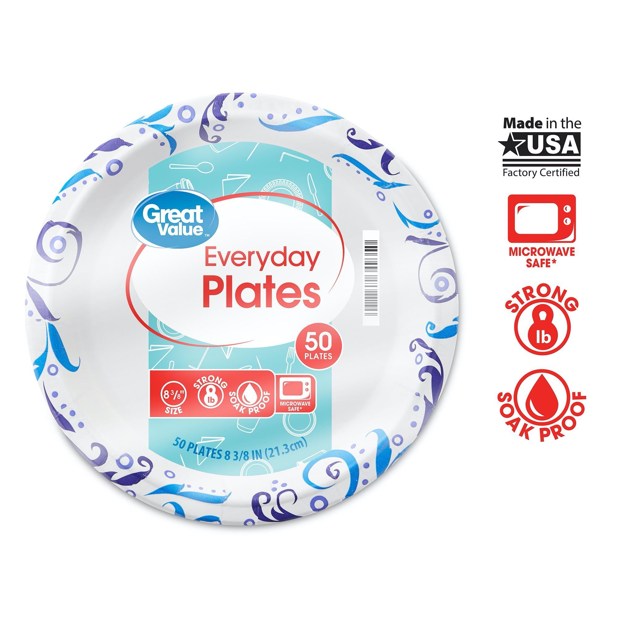Great Value Everyday Strong, Soak Proof, Microwave Safe, Disposable Paper Plates, 8.5