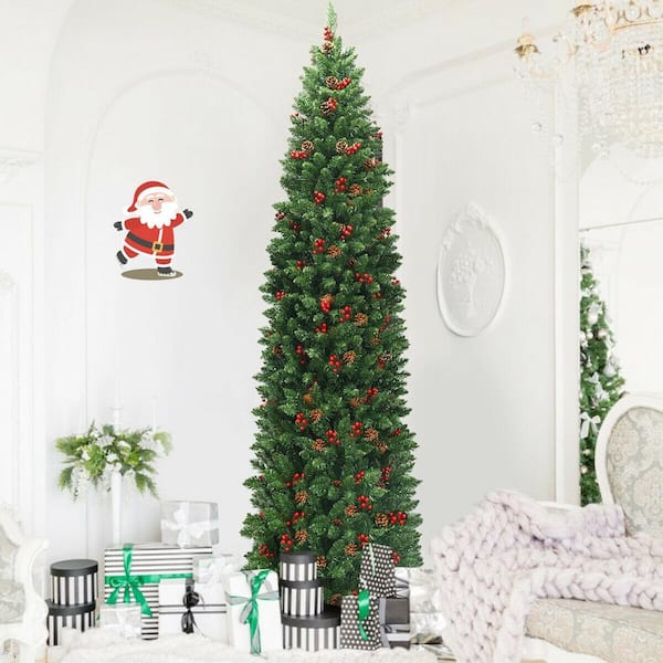7.5 ft. Pre-Lit LED Slim Pencil Hinged Artificial Christmas Tree with Red Berries and Pinecoins