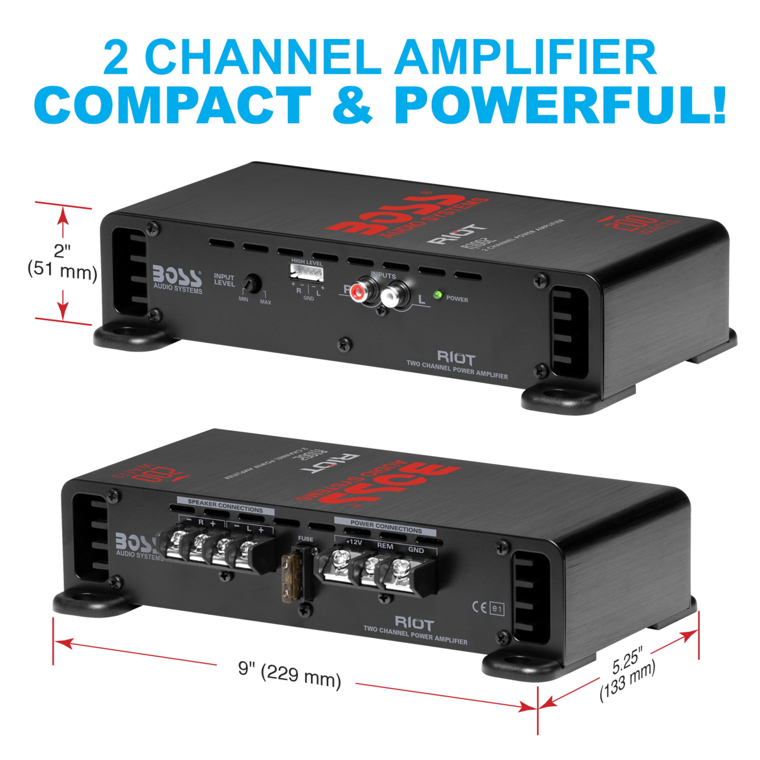 BOSS Audio Systems R1002 Riot Series Car Audio Stereo Amplifier - 200 High Output, 2 Channel, Class A/B, 2/4 Ohm Stable, Low/High Level Inputs, Full Range, Subwoofer