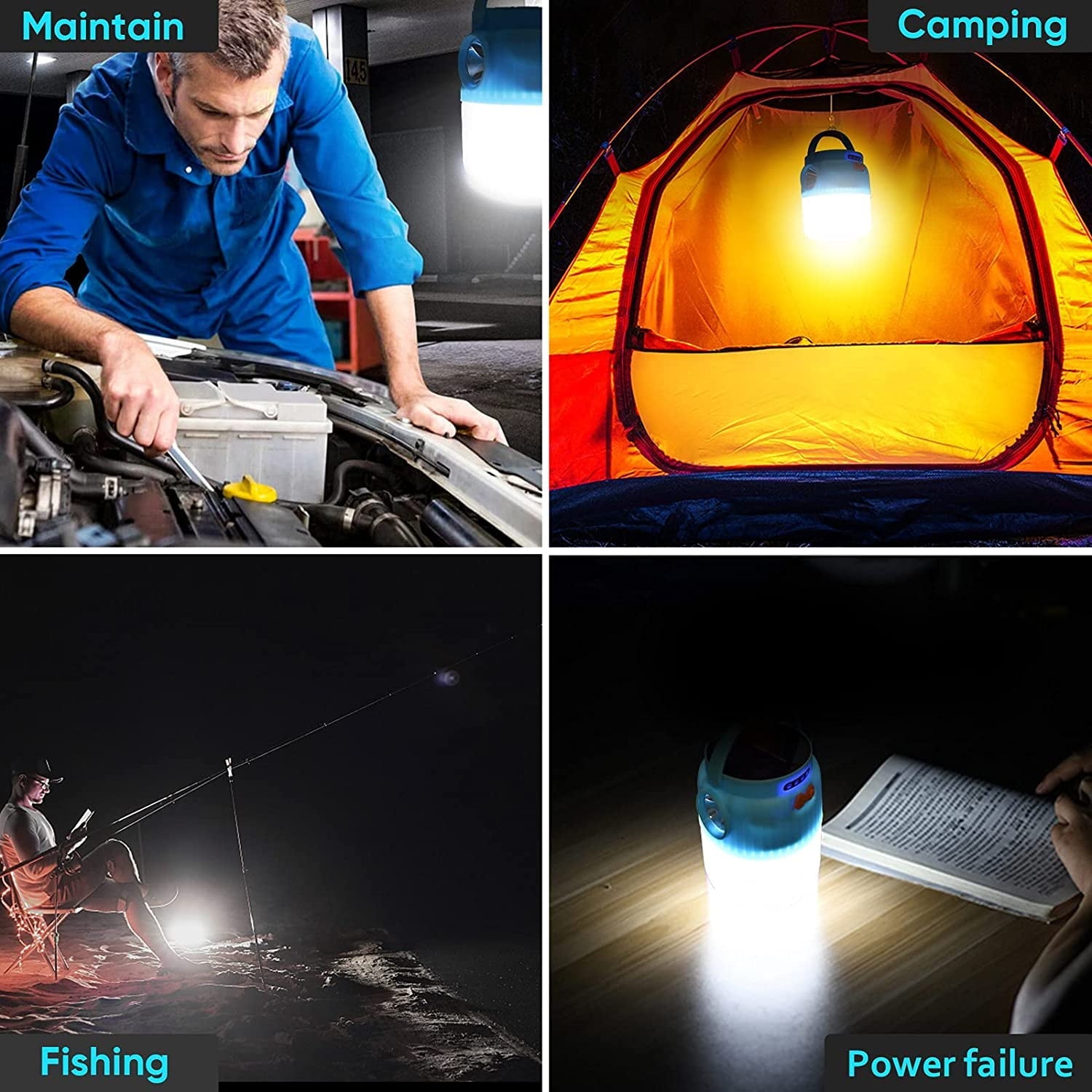 LETOUR 60W Camping Lantern  Portable Solar & USB Rechargeable 6000 Lumen Multifunction Flashlight 4 Modes Lighting Gazebo Light for Outdoor Camping, Hiking（Blue）