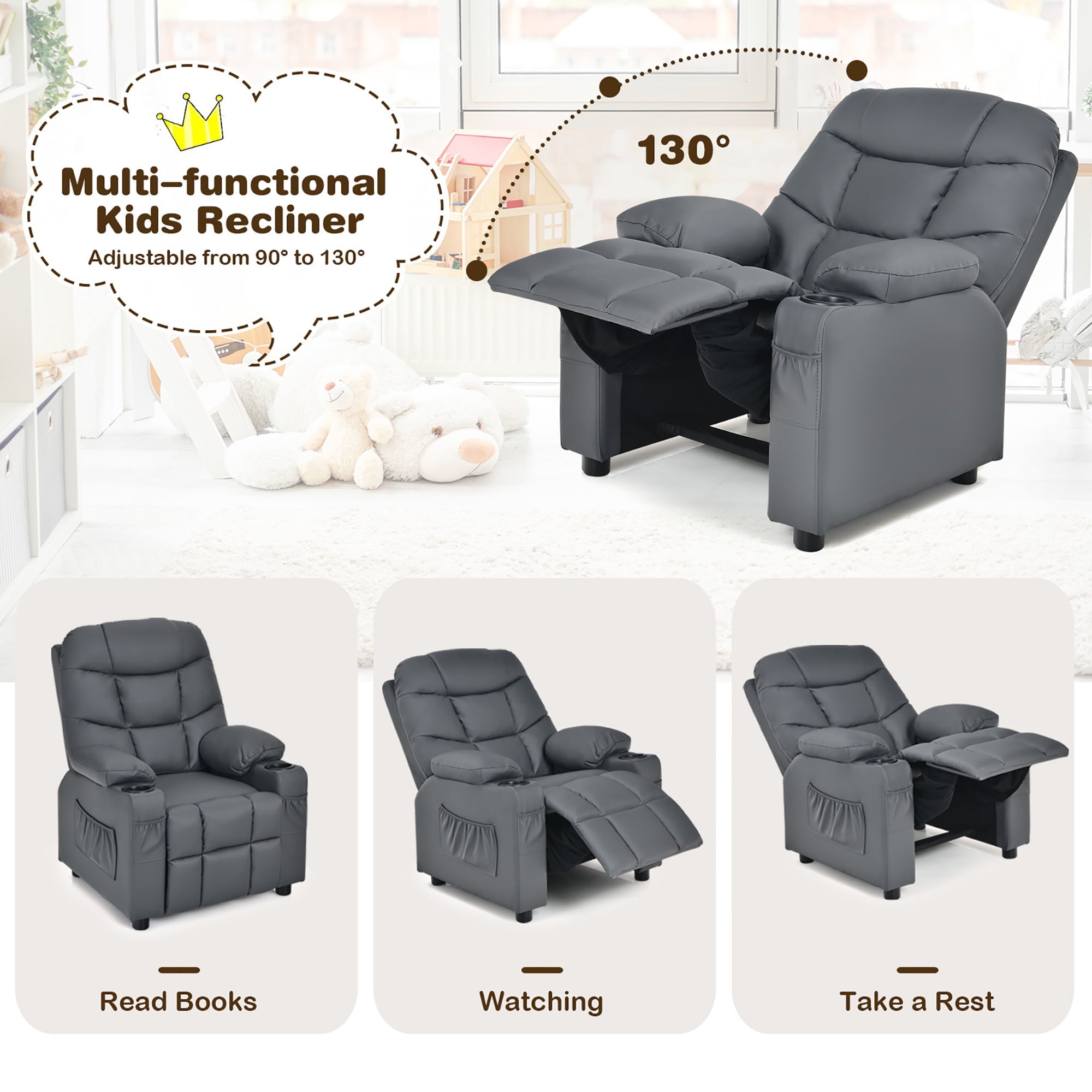 Costway Kids Youth Recliner Chair PU Leather w/Cup Holders & Side Pockets Grey
