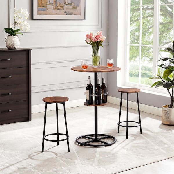 3-Piece Bar Table Set with Wine Rack, Round Bistro Table with 2 Stools for Breakfast Nook, Kitchen Brown DiningTable Set