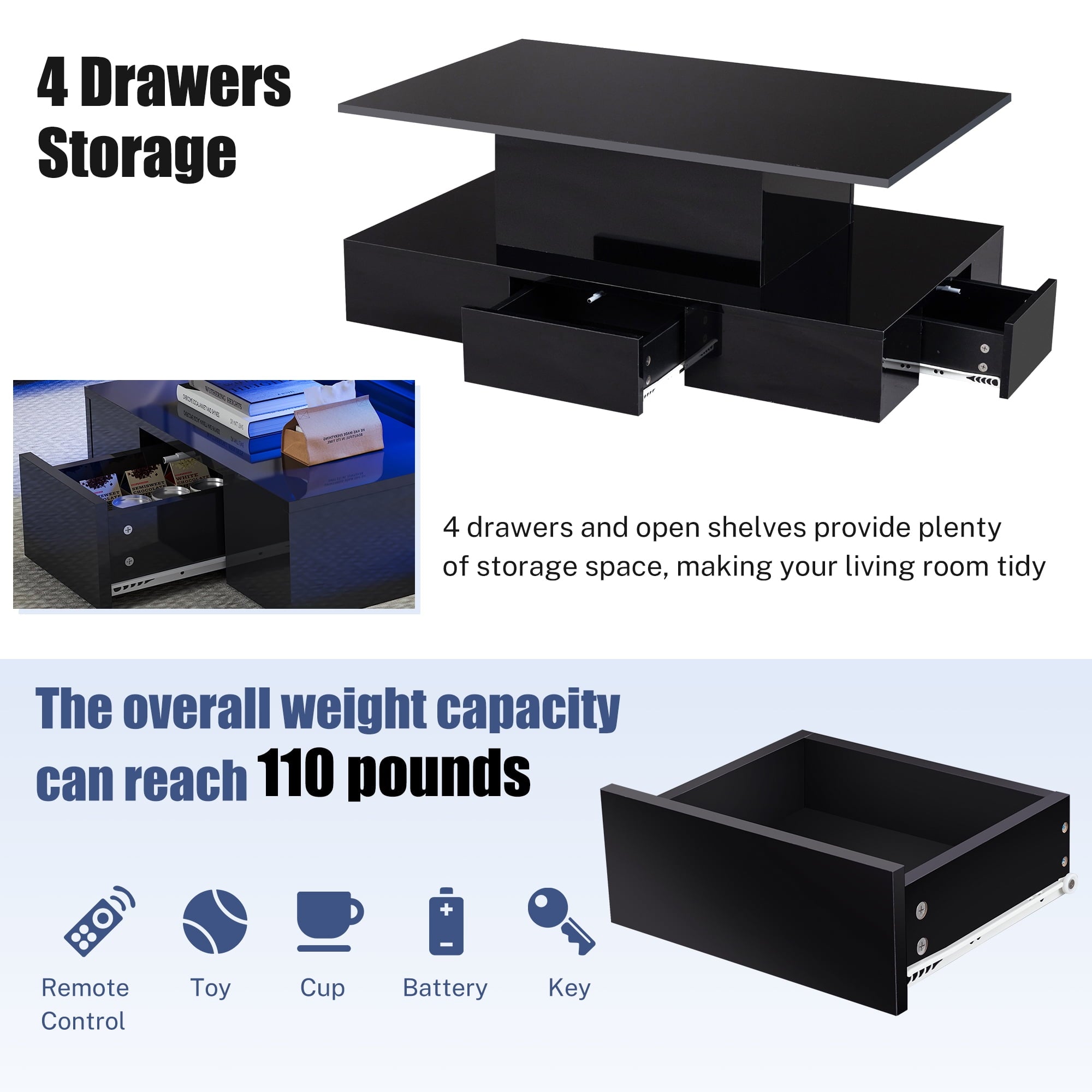 HSUNNS Black LED Coffee Table for Living Room, Modern High Glossy Center Table with 4 Drawers, Smart Cocktail Table Rectangle, Sofa Side Tea Tables with LED Lights, 40