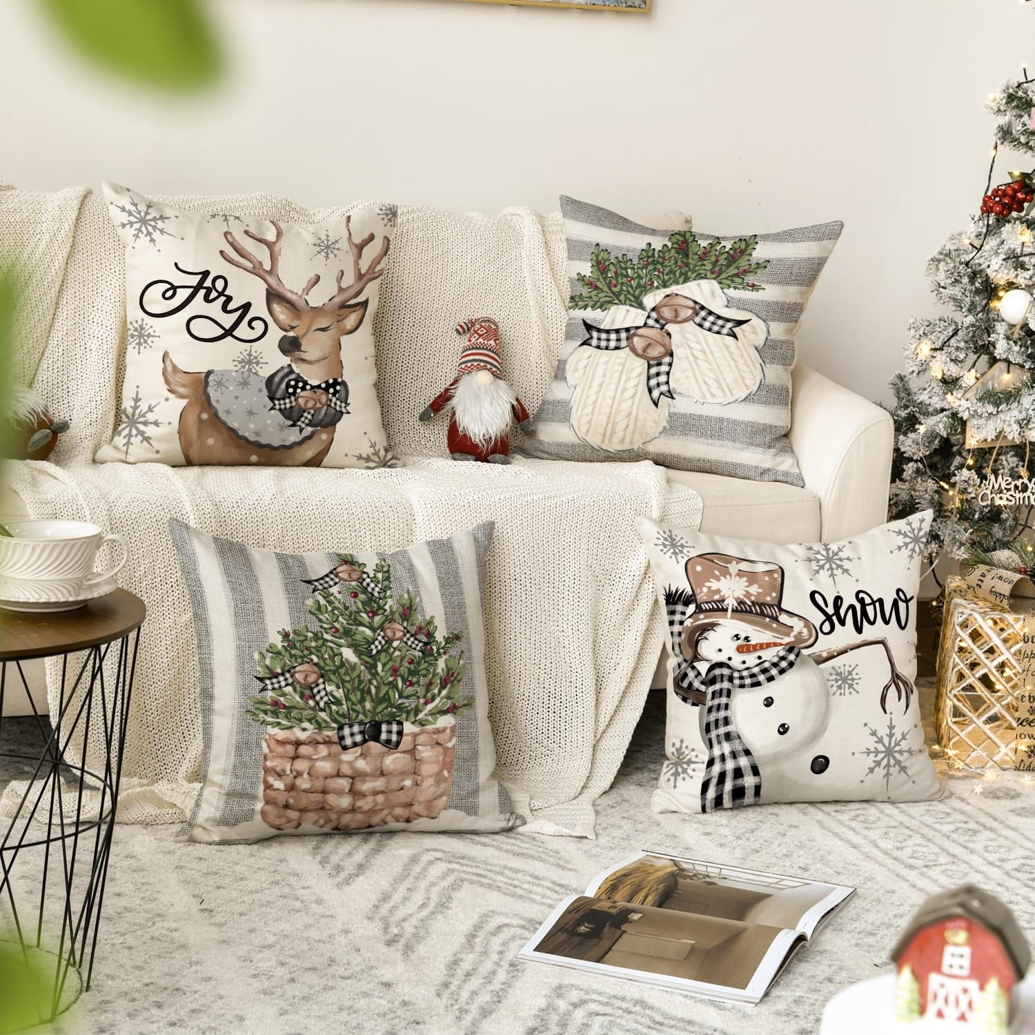 Artoid Mode Christmas Snowman Reindeer Gloves Eucalyptus Throw Pillow Covers, 18 x 18 Inch Winter Holiday Stripes Cushion Case Decoration for Sofa Couch Set of 4
