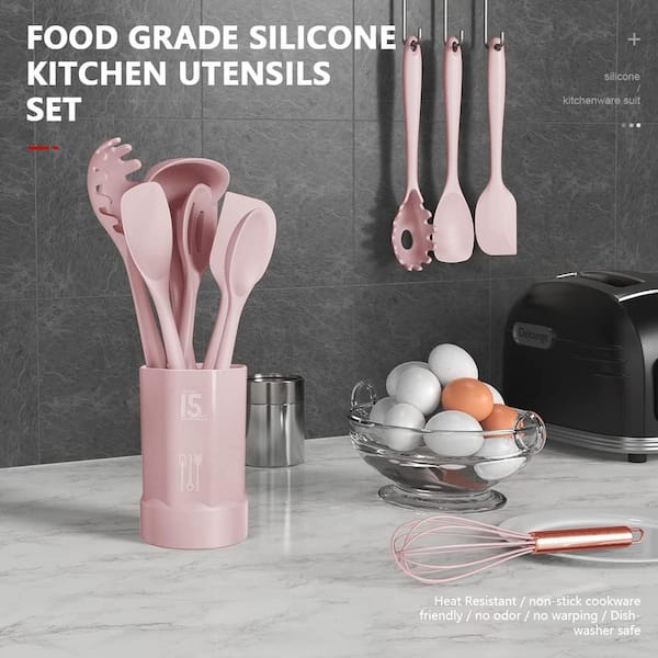 15-Piece Silicon Cooking Utensils Set with Wooden Handles and Holder for Non-Stick Cookware, Pink