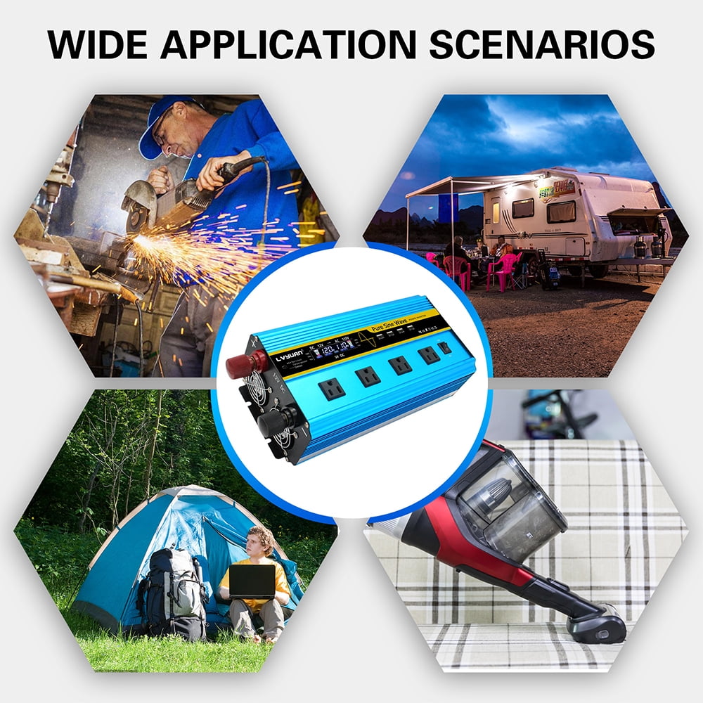 LVYUAN 3000 Watts Pure Sine Wave Power Inverter DC 12V to AC 110V 120V Converter 4USB 4AC LCD Remote Control