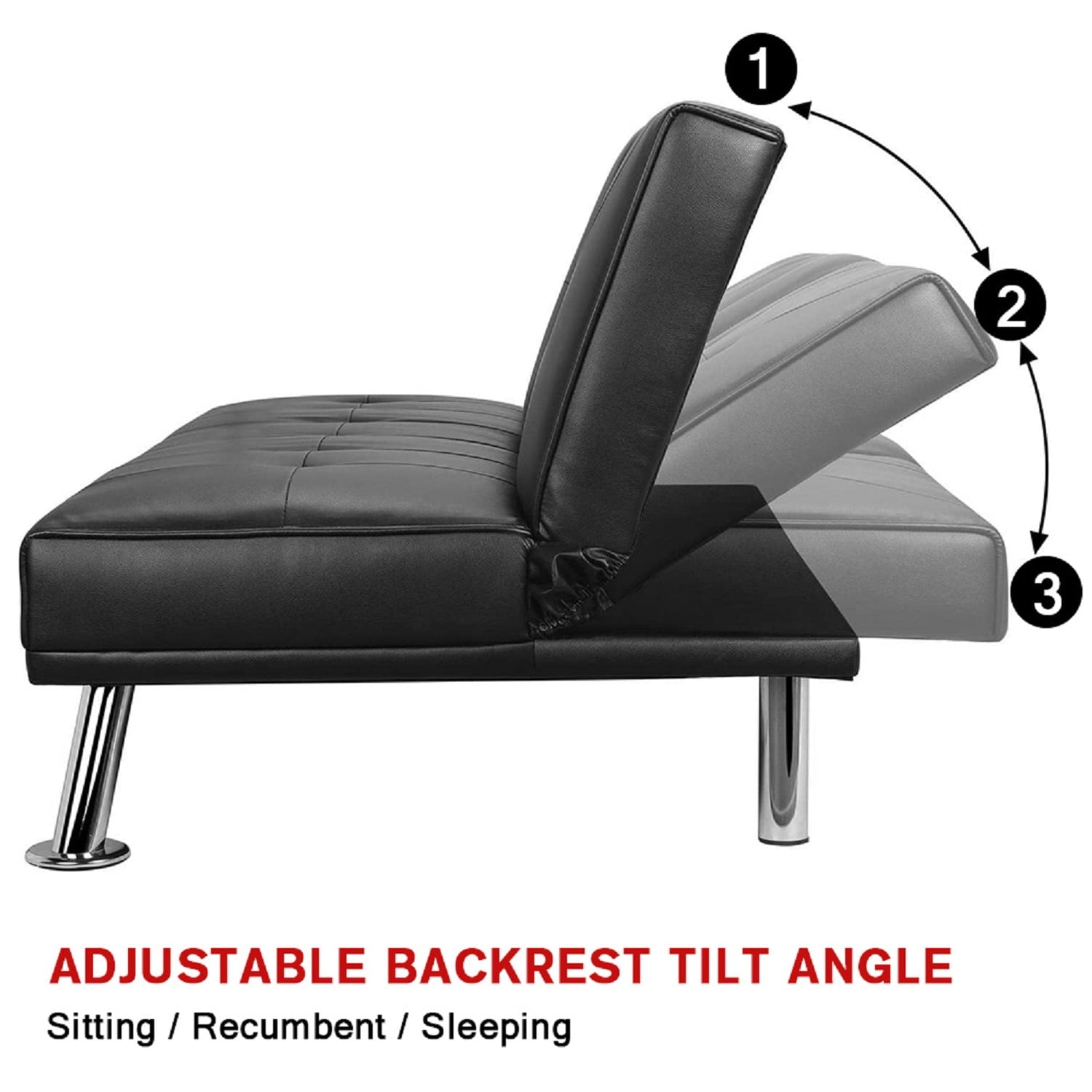 Hommoo Faux Leather Futon Sofa Bed, Modern Convertible Folding Sofa Couch with Cupholders and Pillows, Loveseat for Home, Living Room, Apartment, Black