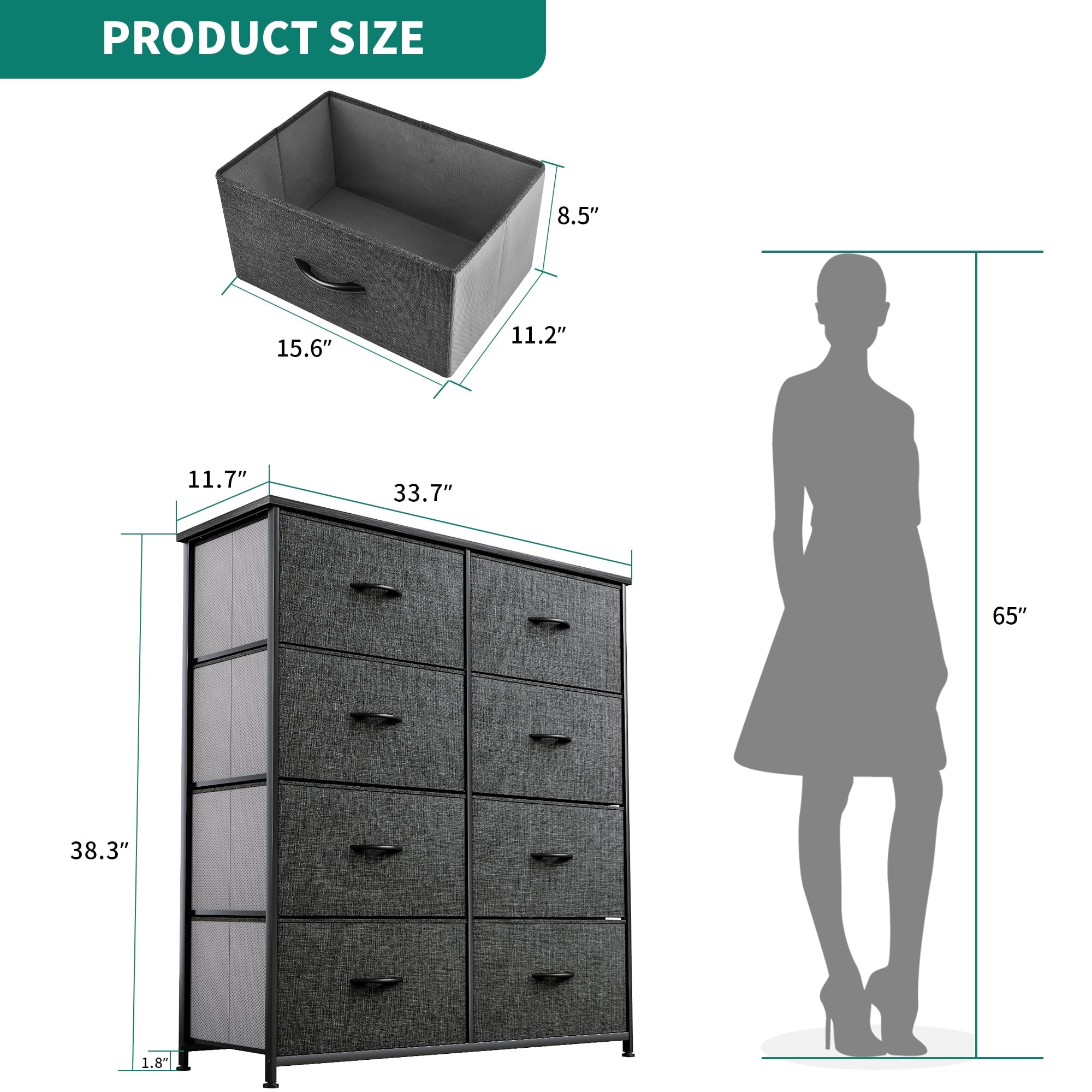 YITAHOME 8 Drawers Dresser Bedroom Bins Organizer High Storage Tower Furniture, Black Gray