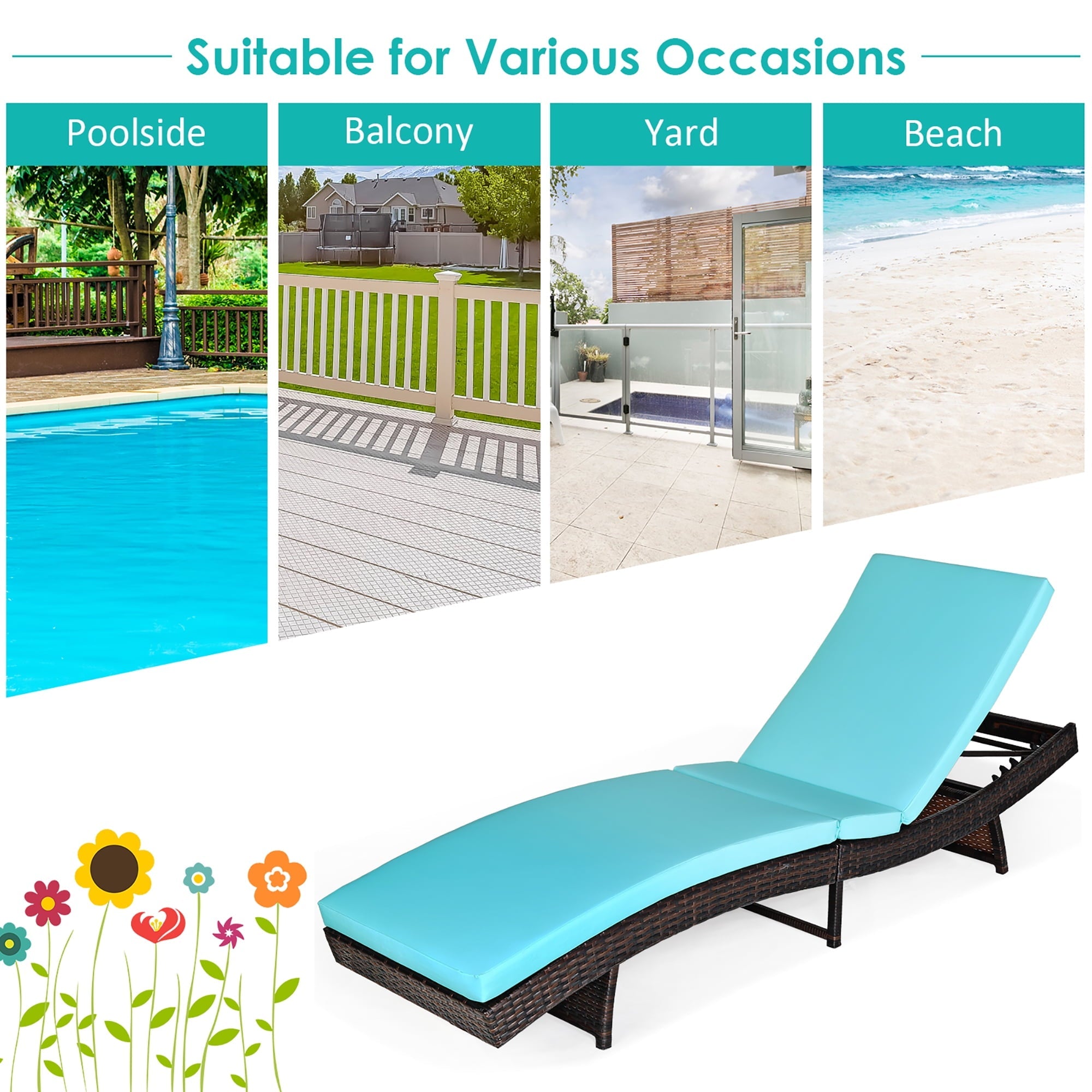 Costway Patio Rattan Folding Lounge Chair Chaise Adjustable W/Turquoise Cushion