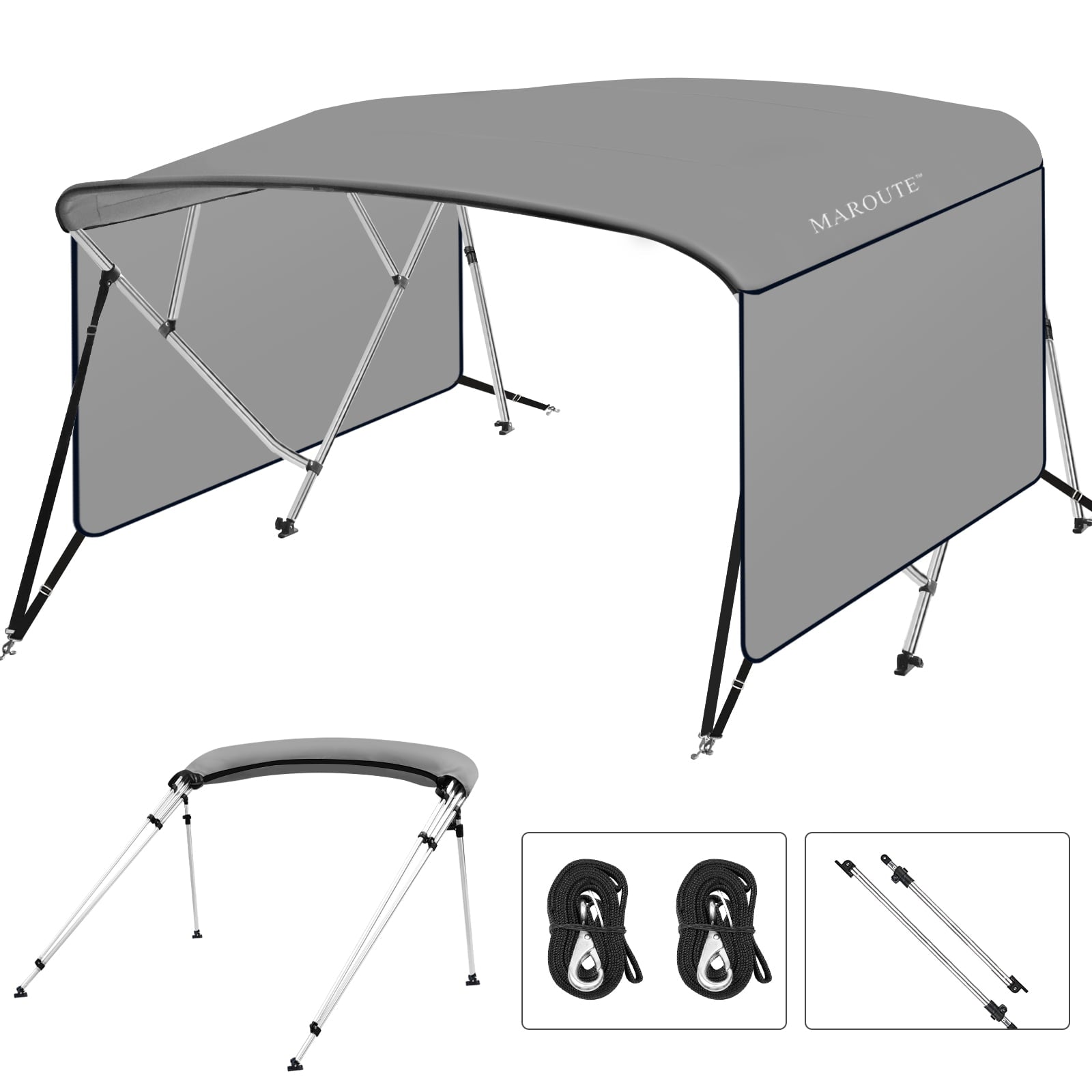 4 Bow Top Boat Cover with Aluminum Alloy Frame, Include Straps & Adjustable Rear Support Pole, Zippered Storage Boot, PU Coating Canvas Gray 8'L x 54