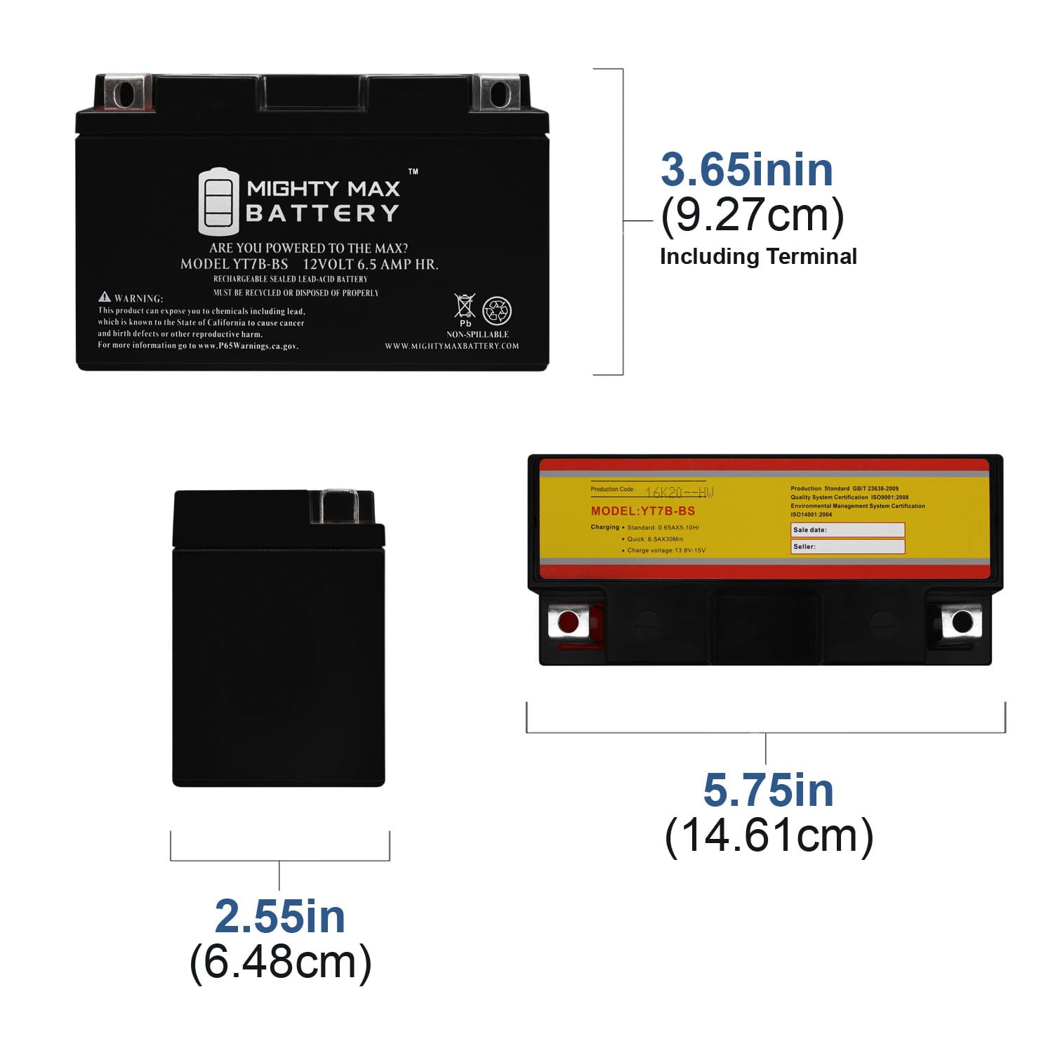 YT7B-BS 12V 6.5AH Battery Replaces High Performance - Maintenance Free - Sealed AGM Motorcycle