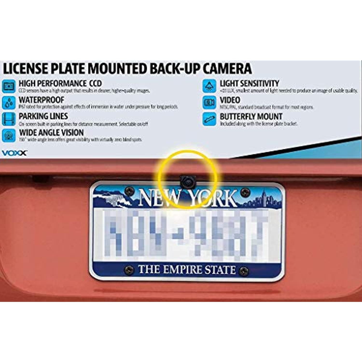 Voxx ACAM4 HD Wide Angle License Plate Mounted Backup Camera with Parking Lines