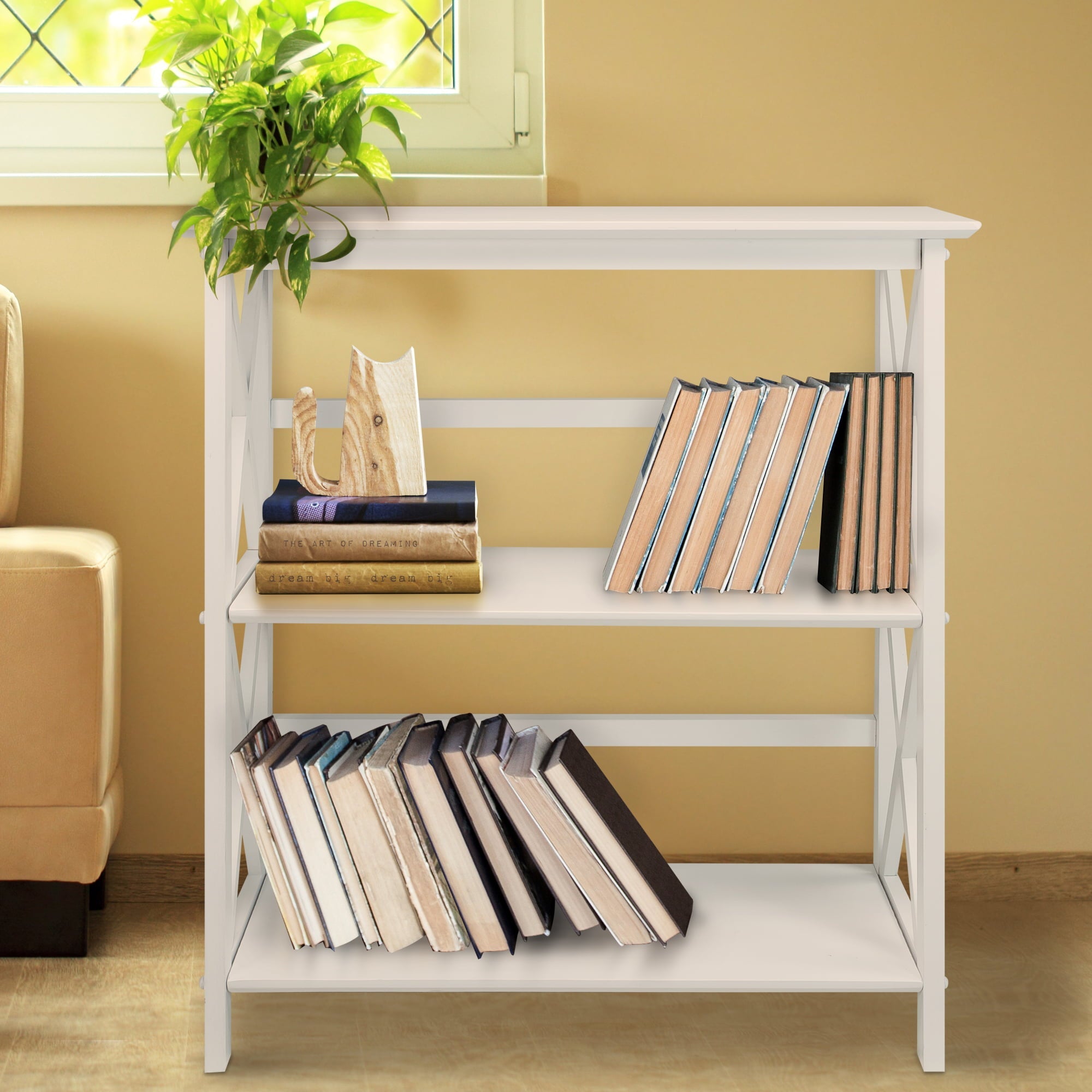 Casual Home Montego Lightweight 3 Tier Open Shelf X Design Wooden Bookcase Office Furniture , Wood (White)
