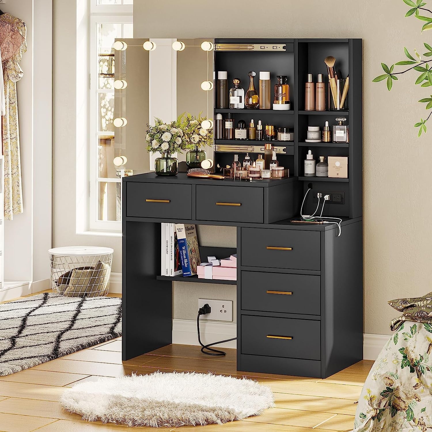 White Vanity Set Desk Table with 10 LED Lights & Charging Station & Sliding Mirror, Modern Makeup Vanity Desk Dressing Table with 5 Drawers for Bedroom, 10 LED Light Bulbs