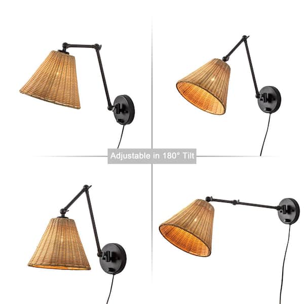 Black Woven Rattan Plug-in Swing Arm Wall Lamp with On/Off Switch