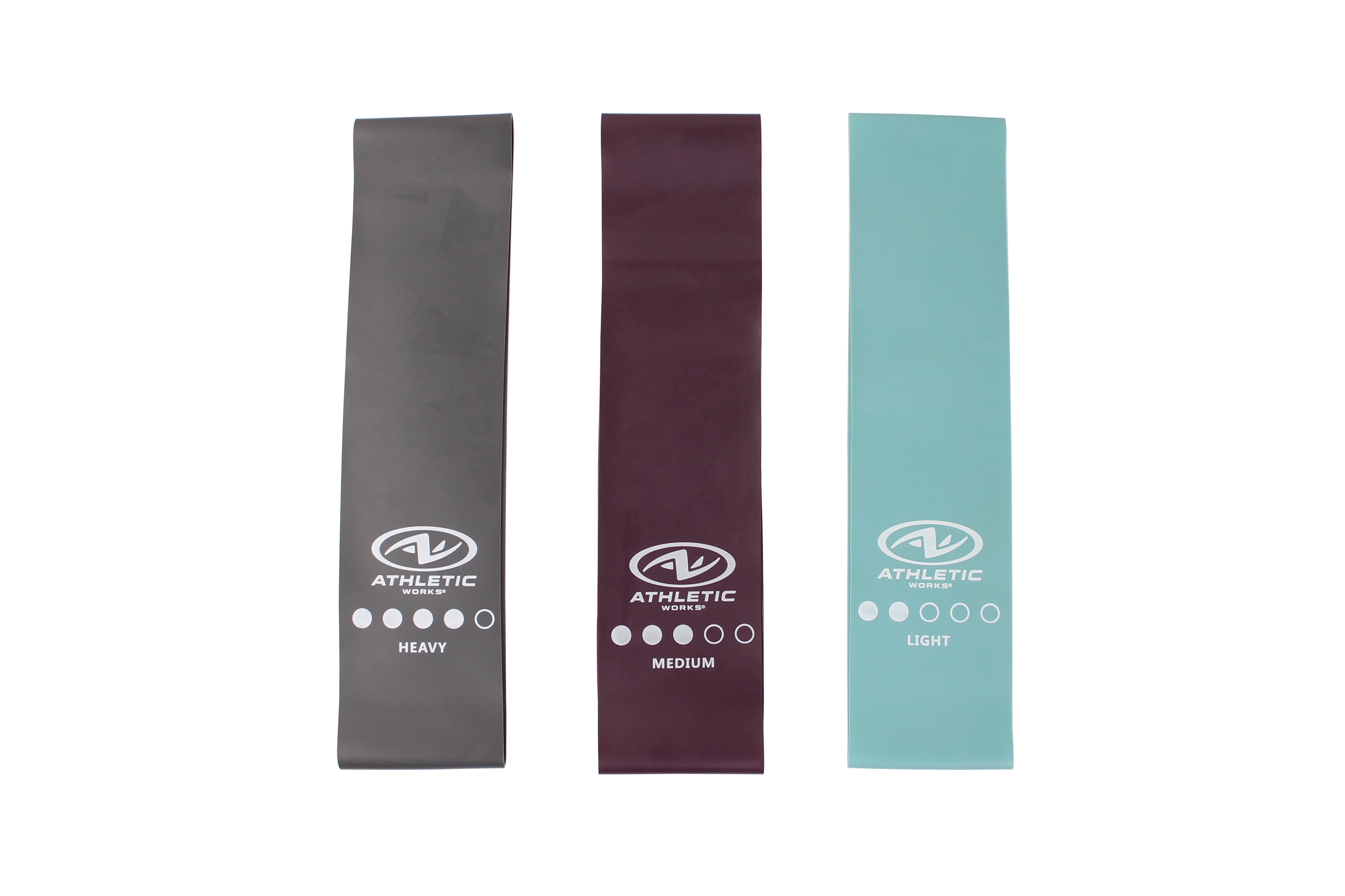 Athletic Works Mini Loop Bands 3pcs set, light, medium, heavy power, multi color. 12in Length