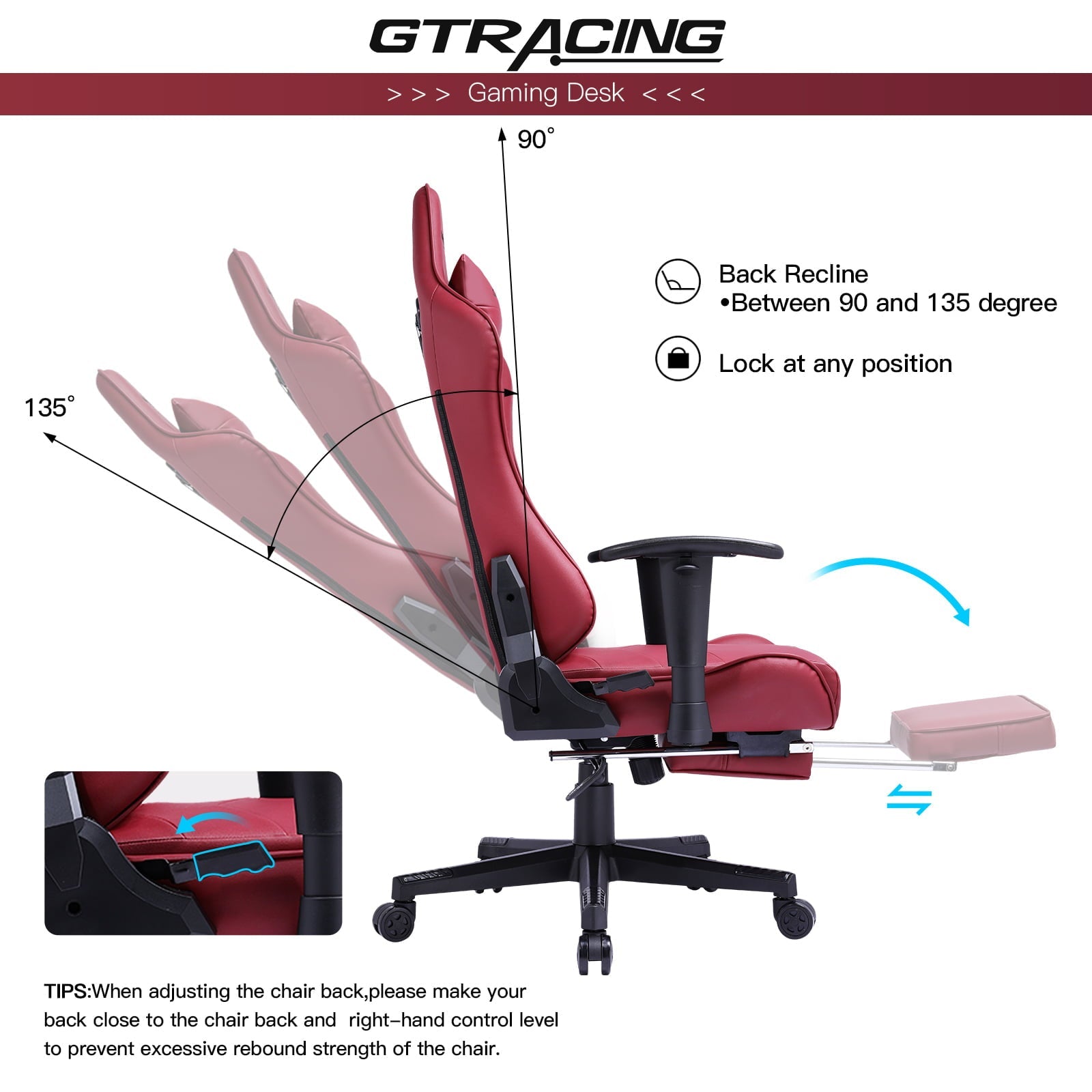 GTRACING Gaming Chair with Footrest Ergonomic Reclining Leather Chair, Dark Red