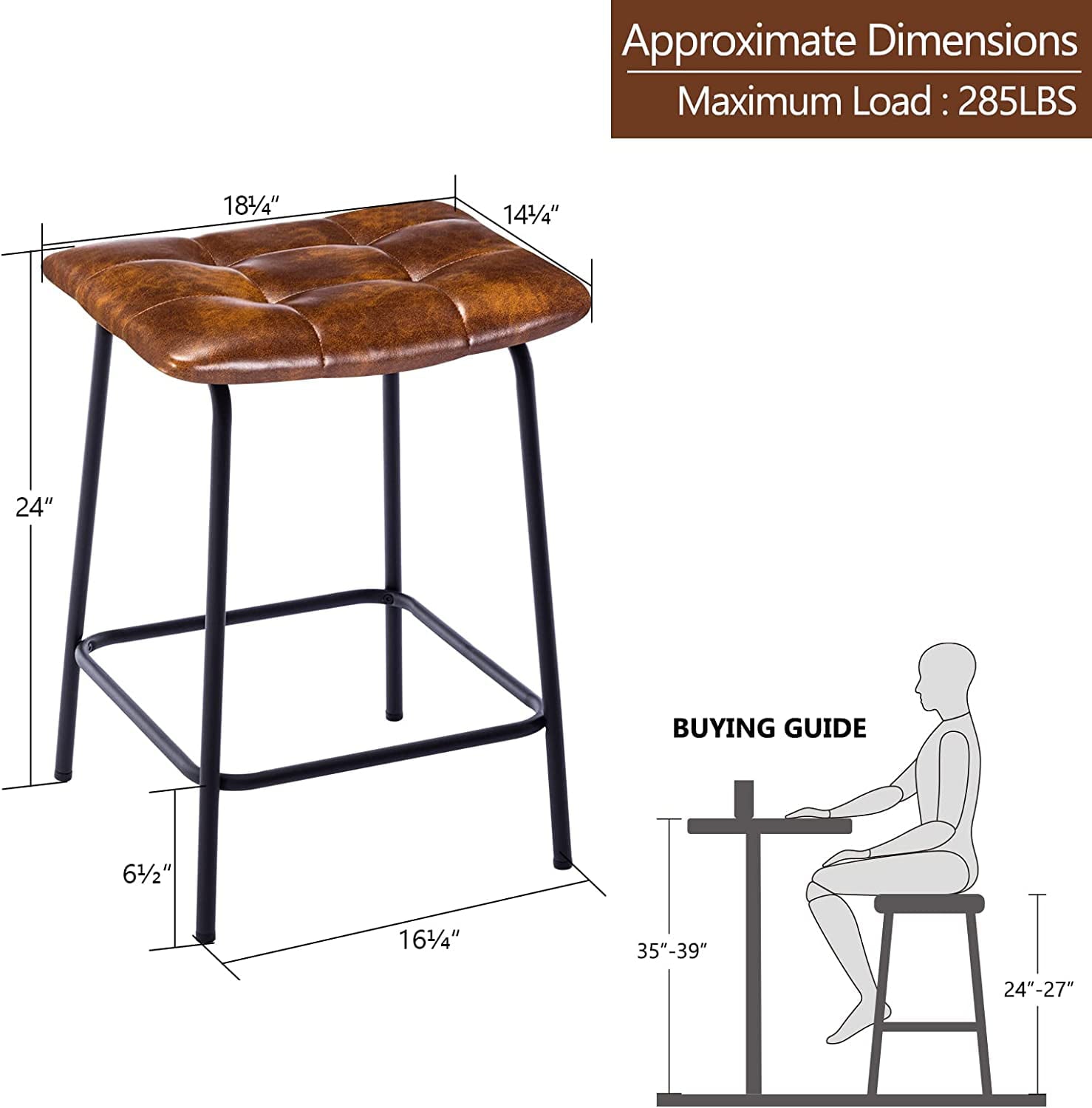 Duhome Counter Height Bar Stools Set of 2, Faux Leather Kitchen Counter Stools with Metal Legs Backless Upholstered, Yellowish Brown