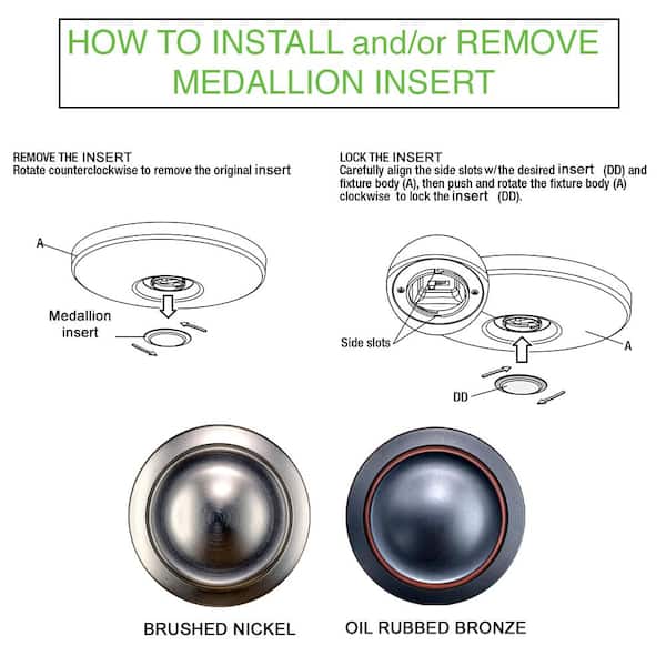 Low Profile 11 in. LED Flush Mount w/ Night Light Feature 2 Medallion Inserts Brushed Nickel, Oil Rubbed Bronze (4-Pack)