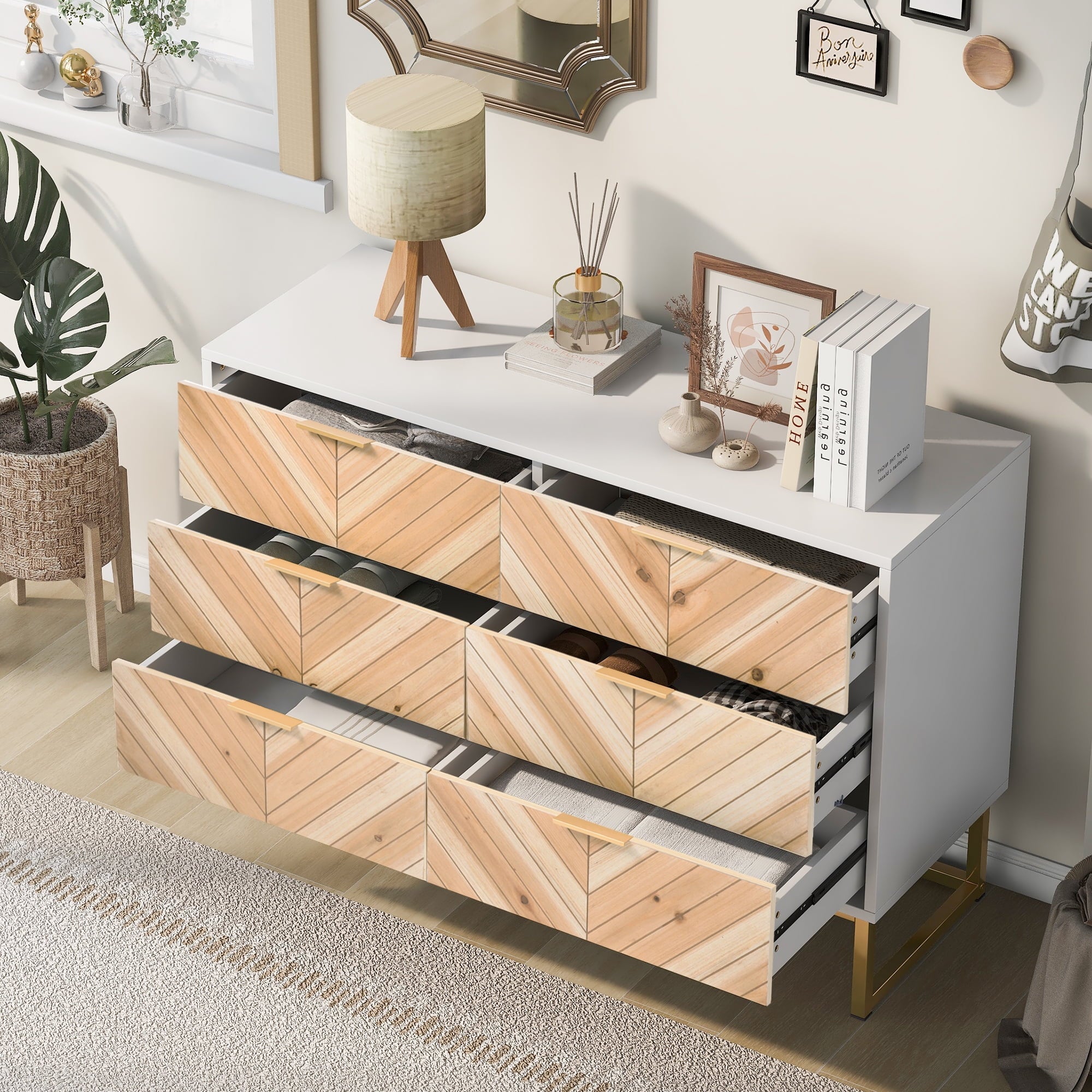 Modern Wood Dresser, 6 Drawer Dresser for Bedroom with Wide Drawers and Metal Handles, Storage Chest of Drawers, Storage Organizer Cabinet Accent Cabinet for Living Room Hallway Entryway,White+Natural