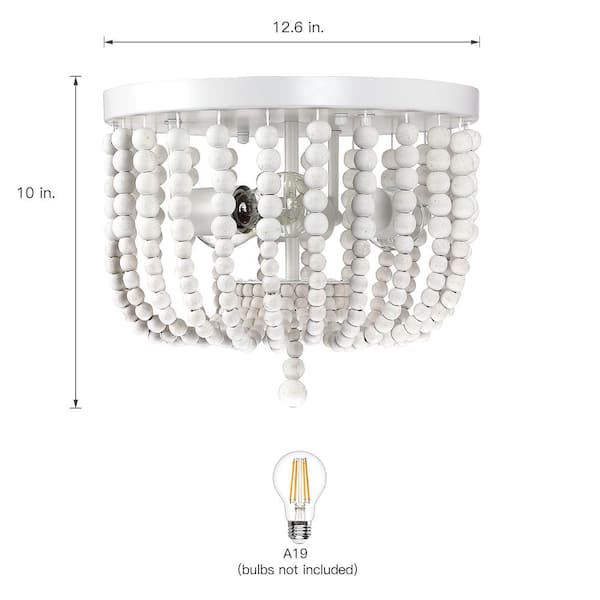 12.6 in. 3-Light Bohemia Antique White Wood Beaded Flush Mount Ceiling Light