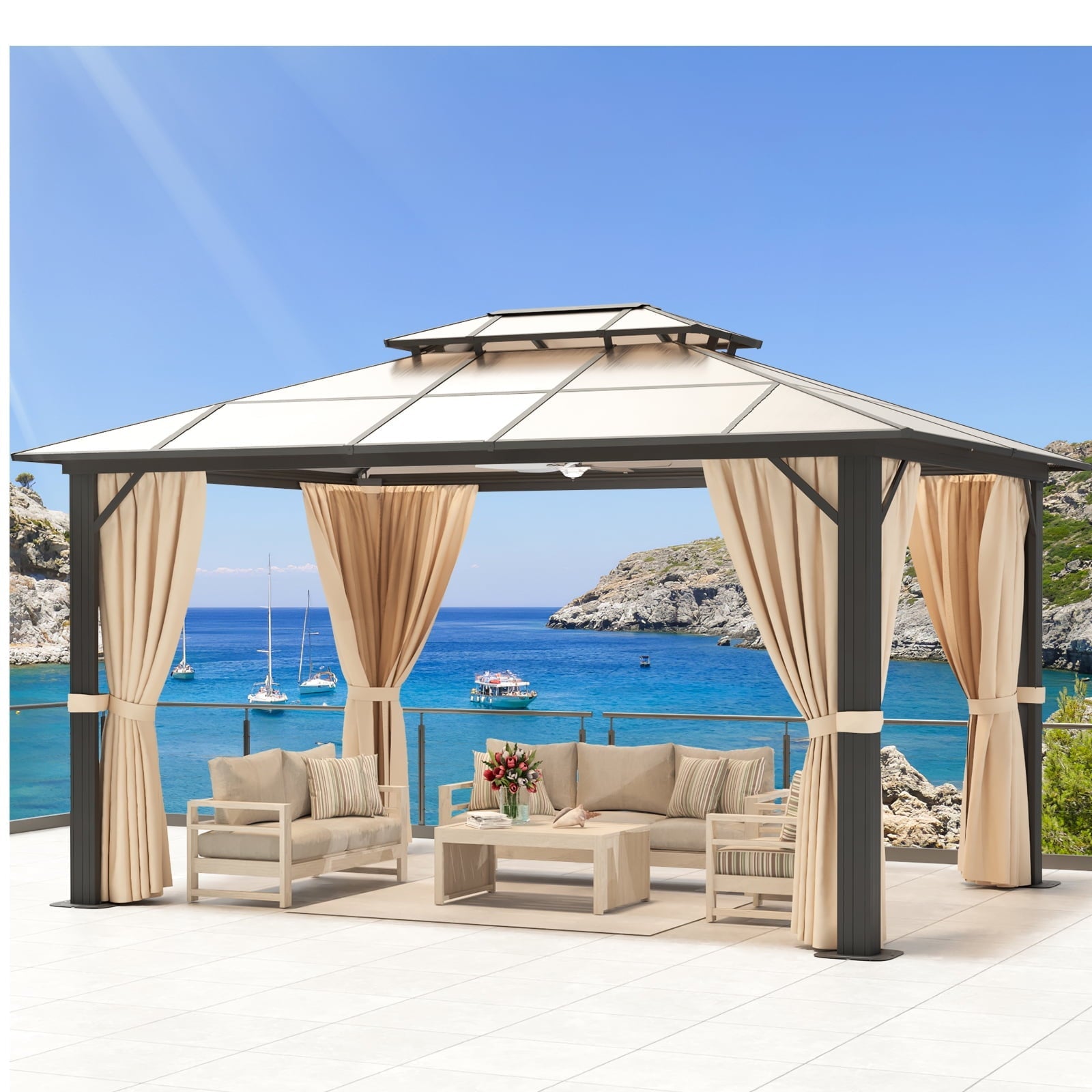 Aoxun 10 ft. x 13 ft. Hardtop Gazebo, Double Polycarbonate Roof Aluminum Frame Gazebo W/Curtain and Netting, Brown